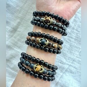 3 CROWN Bracelet SET! You Choose! Onyx, Tigers Eye, Hematite Mala Beads